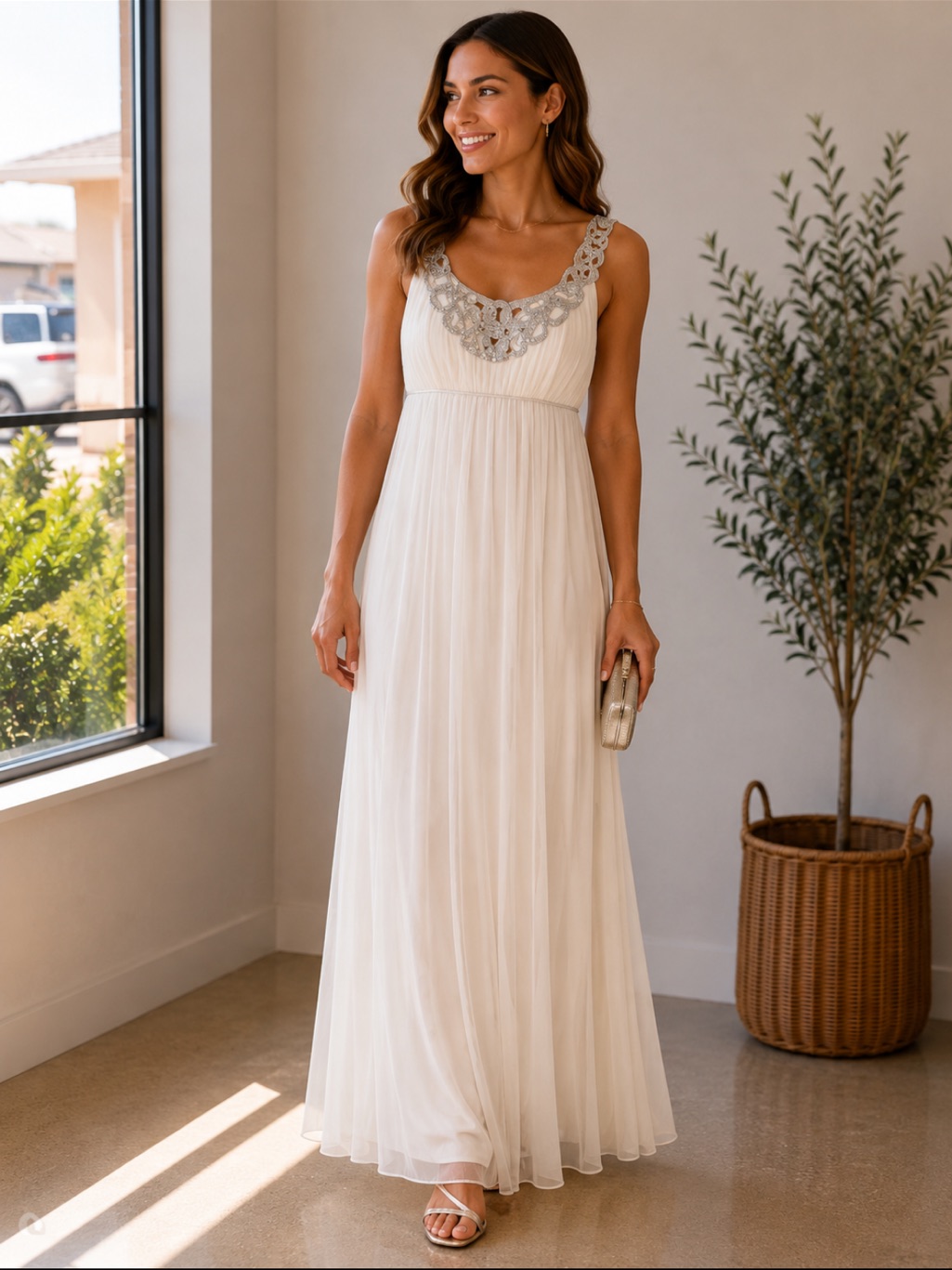 Adrianna Papell Cream Maxi Dress With Silver Beaded Yoke